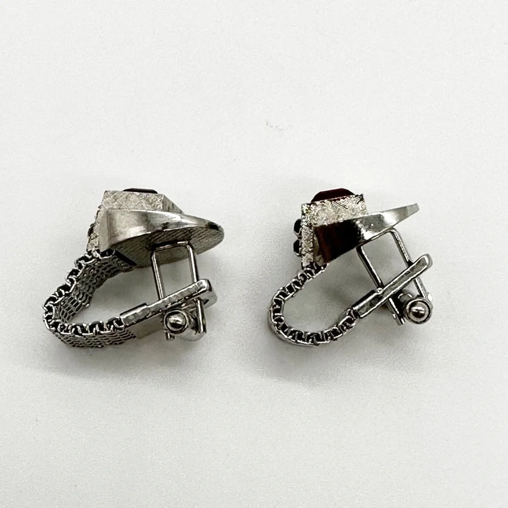 Vintage Mesh Brushed Silver Tone Red Jeweled Cufflinks